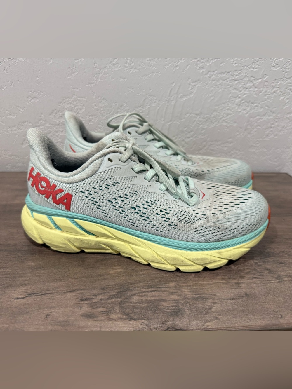 Hoka Women’s Mint Green and Pale Yellow Cushioned Running Shoes